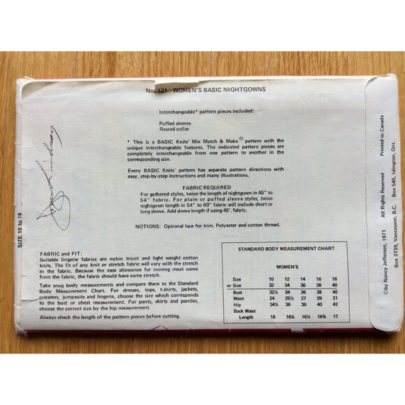 Ladies Nightgown Pattern Basic Knits 121 UNCUT Mix Match & Make Bust 32 - 40 - Picture 2 of 4